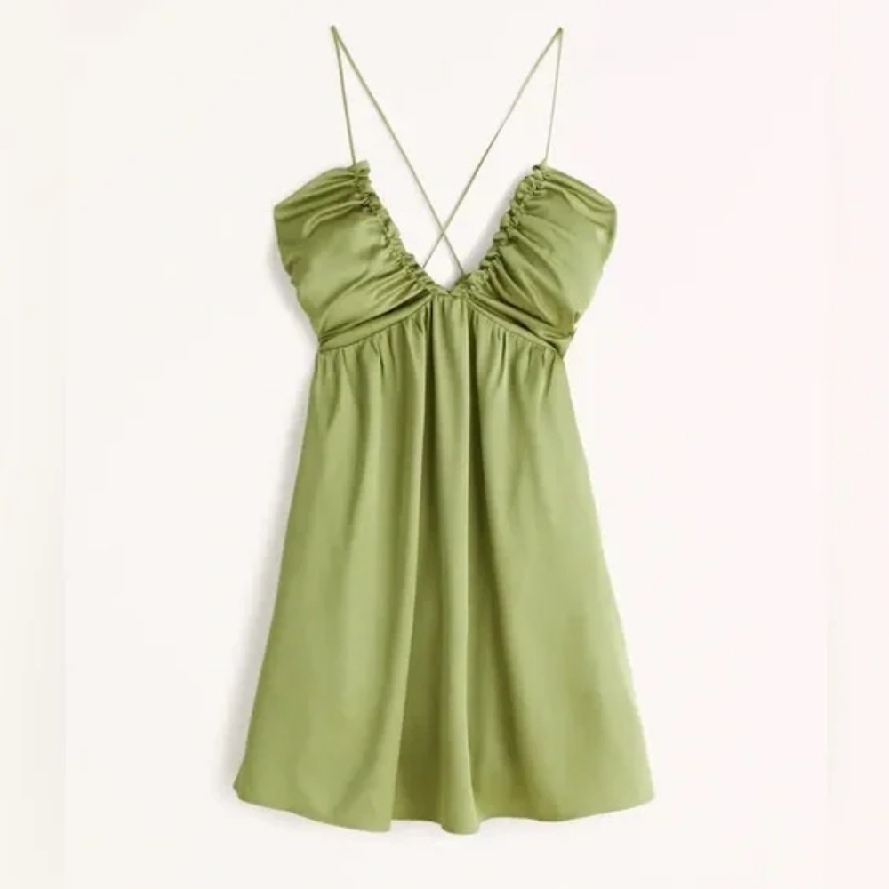 Abercrombie & Fitch Green Satin Drama Ruched Mini Strappy Dress
